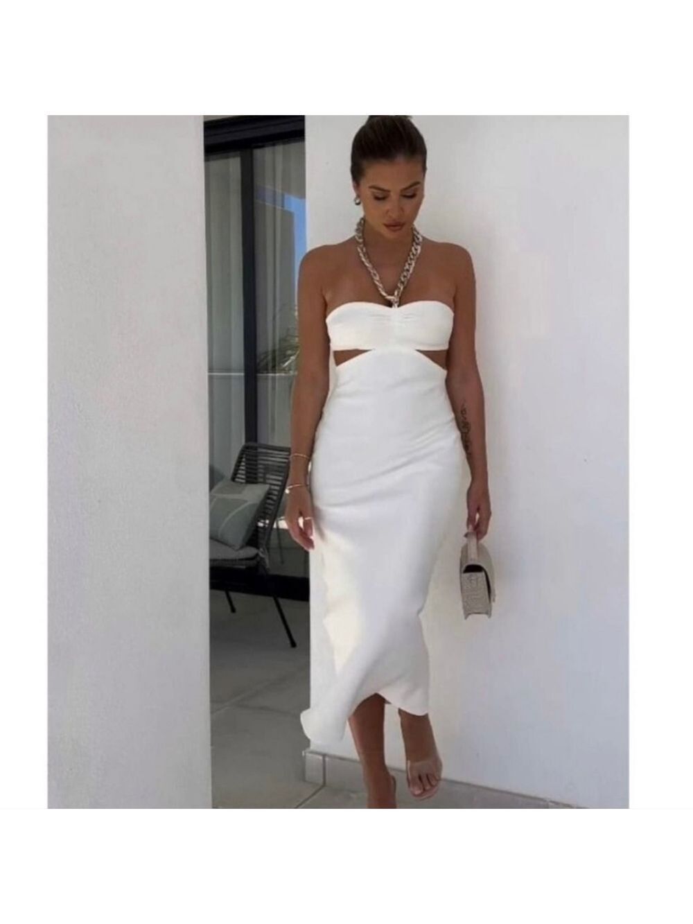 NWT Zara Cut Out Chain Detail White Dress - Picture 5 of 17